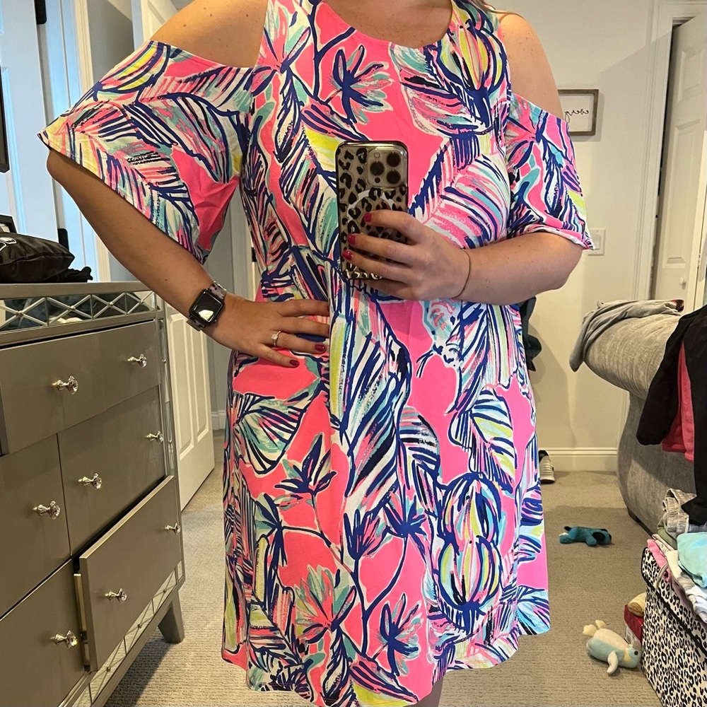 Lilly Pulitzer SOMERSET Open Shoulder Tiki Pink Cabana Crazed Dress size XL